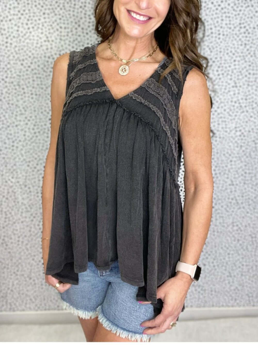 POL Women's Dark Charcoal Crochet Trim Tank Top